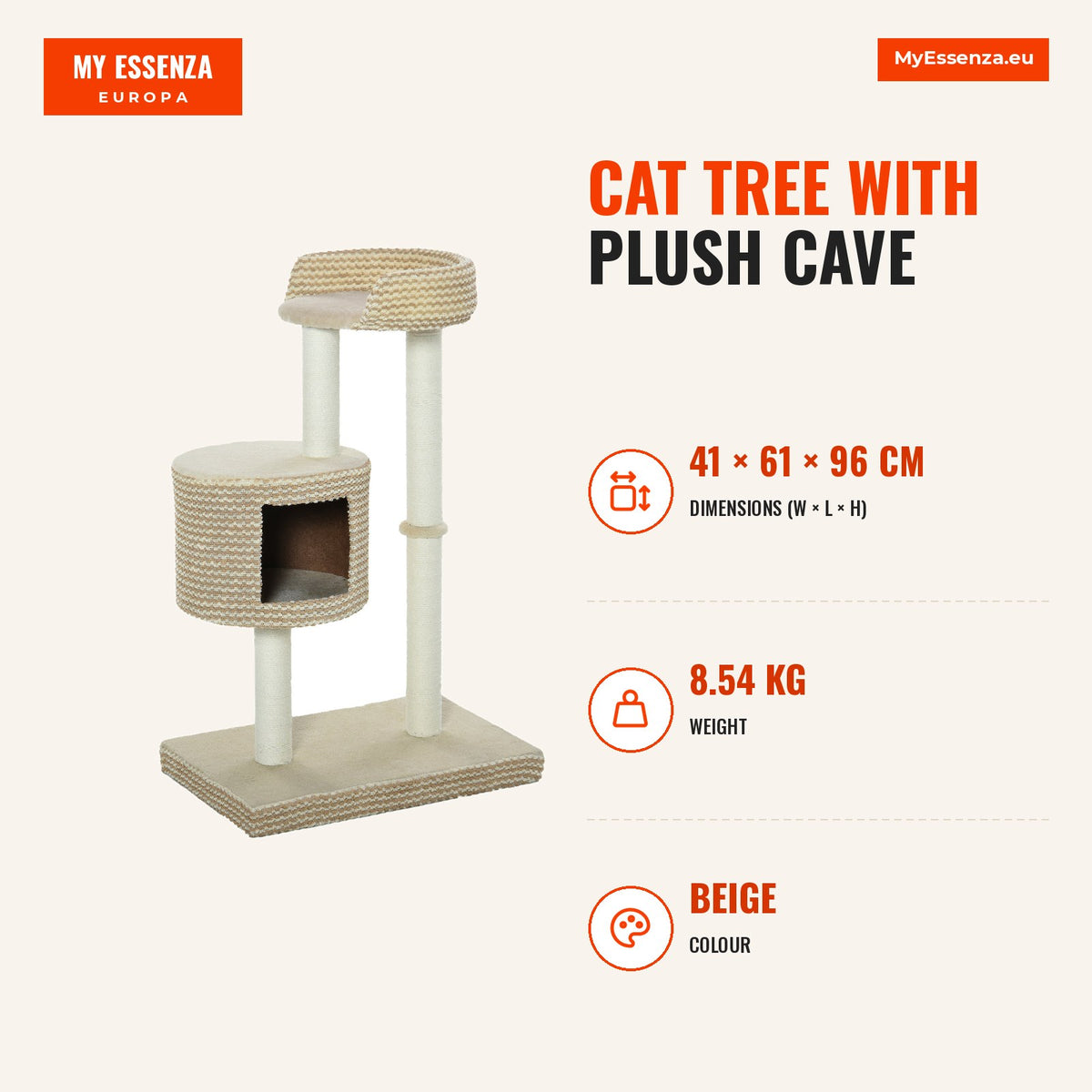 Cat tree with plush cave, jute posts, comfy platform 61x41x96 cm beige and brown — Infografia EN (medidas)