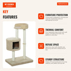 Cat tree with plush cave, jute posts, comfy platform 61x41x96 cm beige and brown — Infografia EN (vantagens)