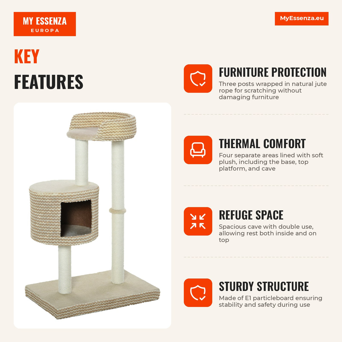 Cat tree with plush cave, jute posts, comfy platform 61x41x96 cm beige and brown — Infografia EN (vantagens)