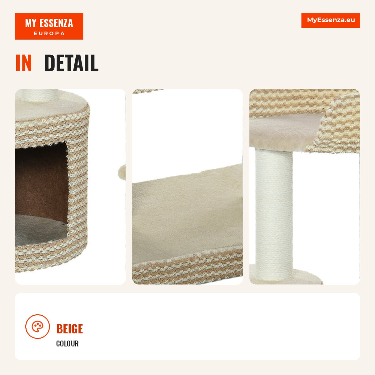 Cat tree with plush cave, jute posts, comfy platform 61x41x96 cm beige and brown — Infografia EN (detalhe)