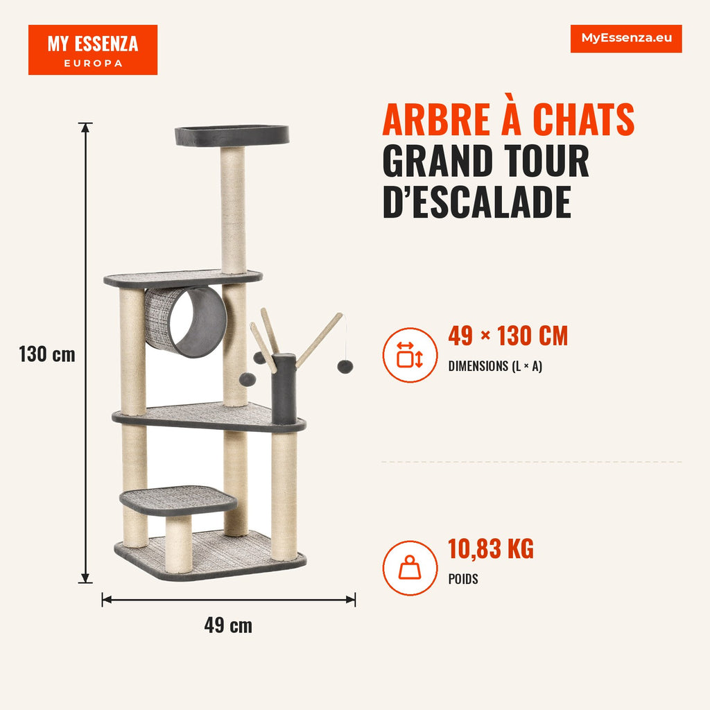 Large Cat Tree Climbing Tower with Multiple Platforms, Top Bed, Tunnel, Natural Sisal Scratching Posts and Toys 49x49x13 — Infografia FR (medidas)