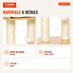 2-Level Cat Tree with Top Cave, Natural Sisal Scratching Posts, Washable Cushions and Toy Ball 35x35x81cm Oak — Infografia EN (materiais e detalhes)