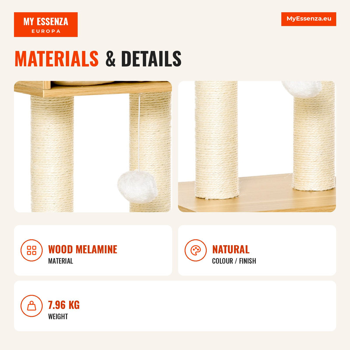 2-Level Cat Tree with Top Cave, Natural Sisal Scratching Posts, Washable Cushions and Toy Ball 35x35x81cm Oak — Infografia EN (materiais e detalhes)