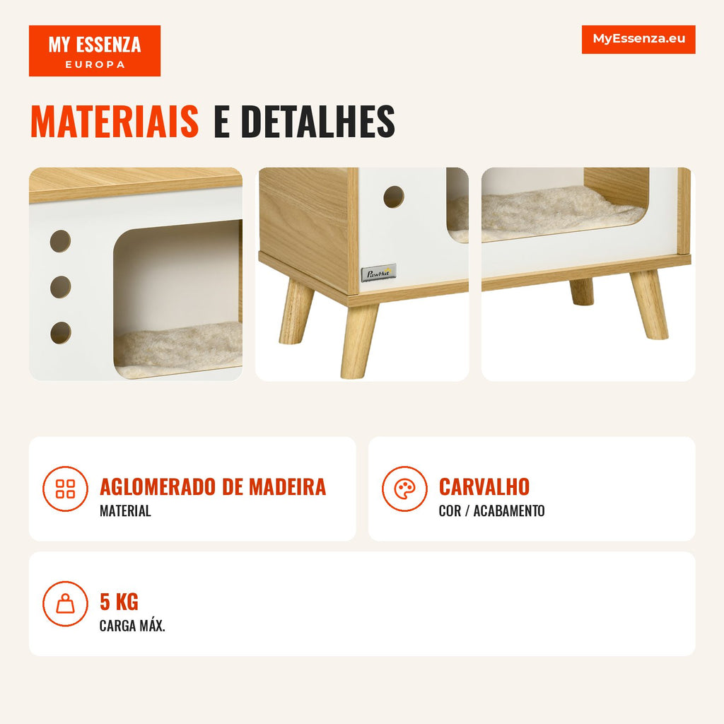 Side Table Cave Bed for Cats TV Style Cat House with Soft Washable Cushion Ball and Raised Feet 50x28x43cm Oak — Infografia PT (detalhe)