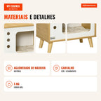 Side Table Cave Bed for Cats TV Style Cat House with Soft Washable Cushion Ball and Raised Feet 50x28x43cm Oak — Infografia PT (detalhe)