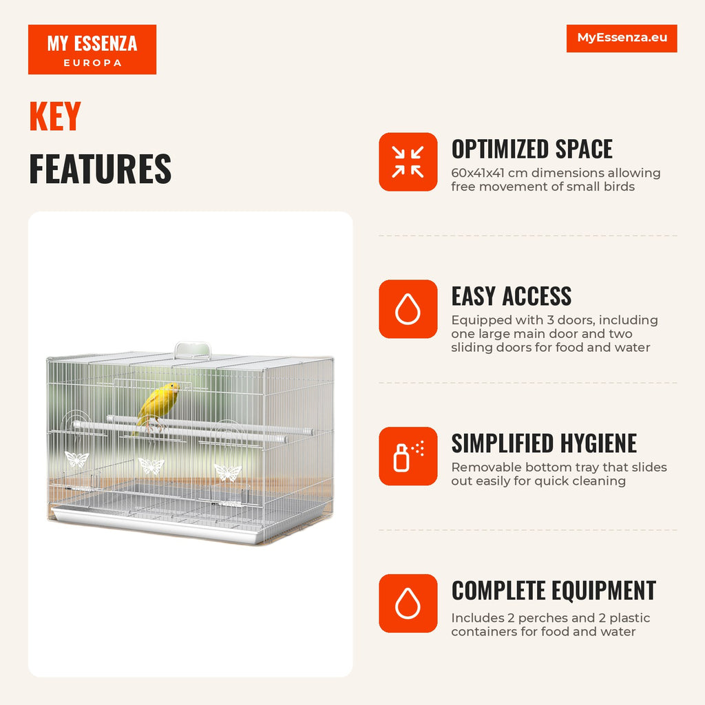 Bird cage with 2 perches and 3 doors for small birds metal 60x41x41cm white — Infografia EN (vantagens)