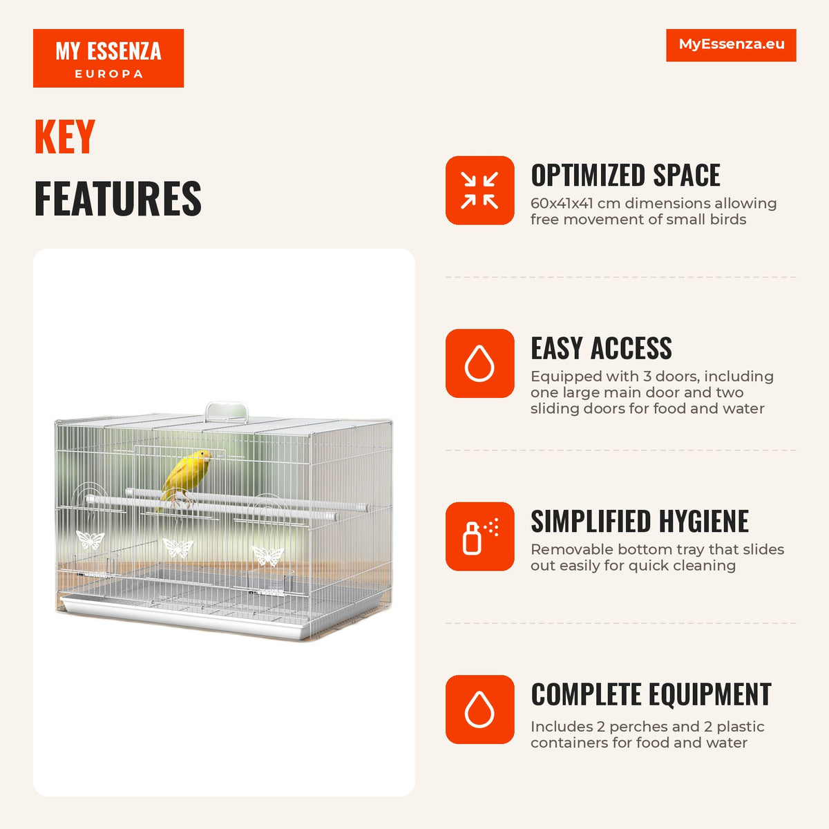 Bird cage with 2 perches and 3 doors for small birds metal 60x41x41cm white — Infografia EN (vantagens)