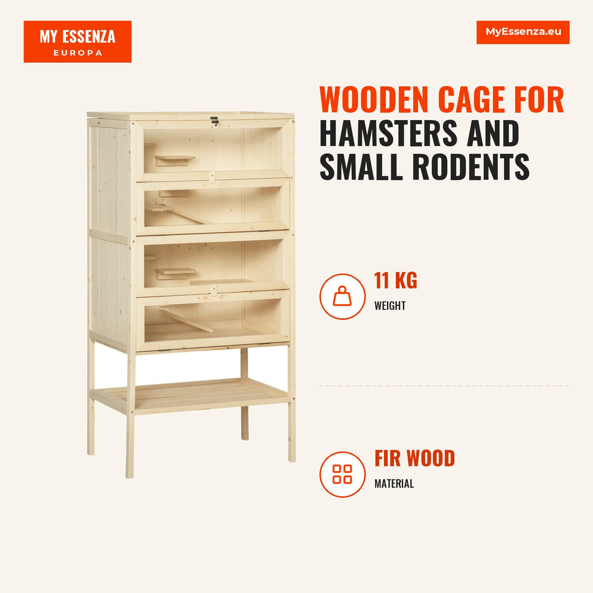 Wooden cage for hamsters and small rodents with multiple platforms 60x40x120cm — Infografia EN (medidas)