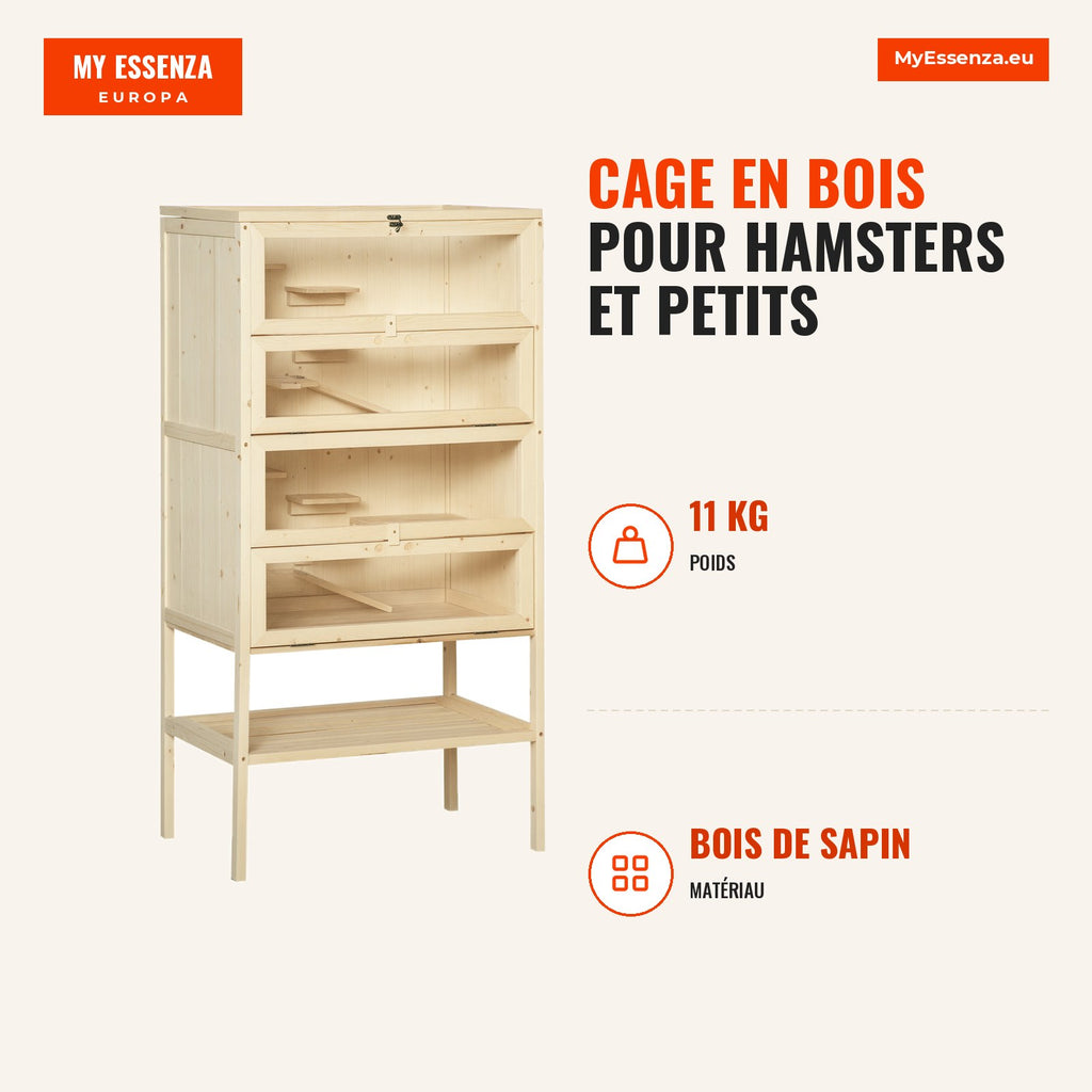 Wooden cage for hamsters and small rodents with multiple platforms 60x40x120cm — Infografia FR (medidas)