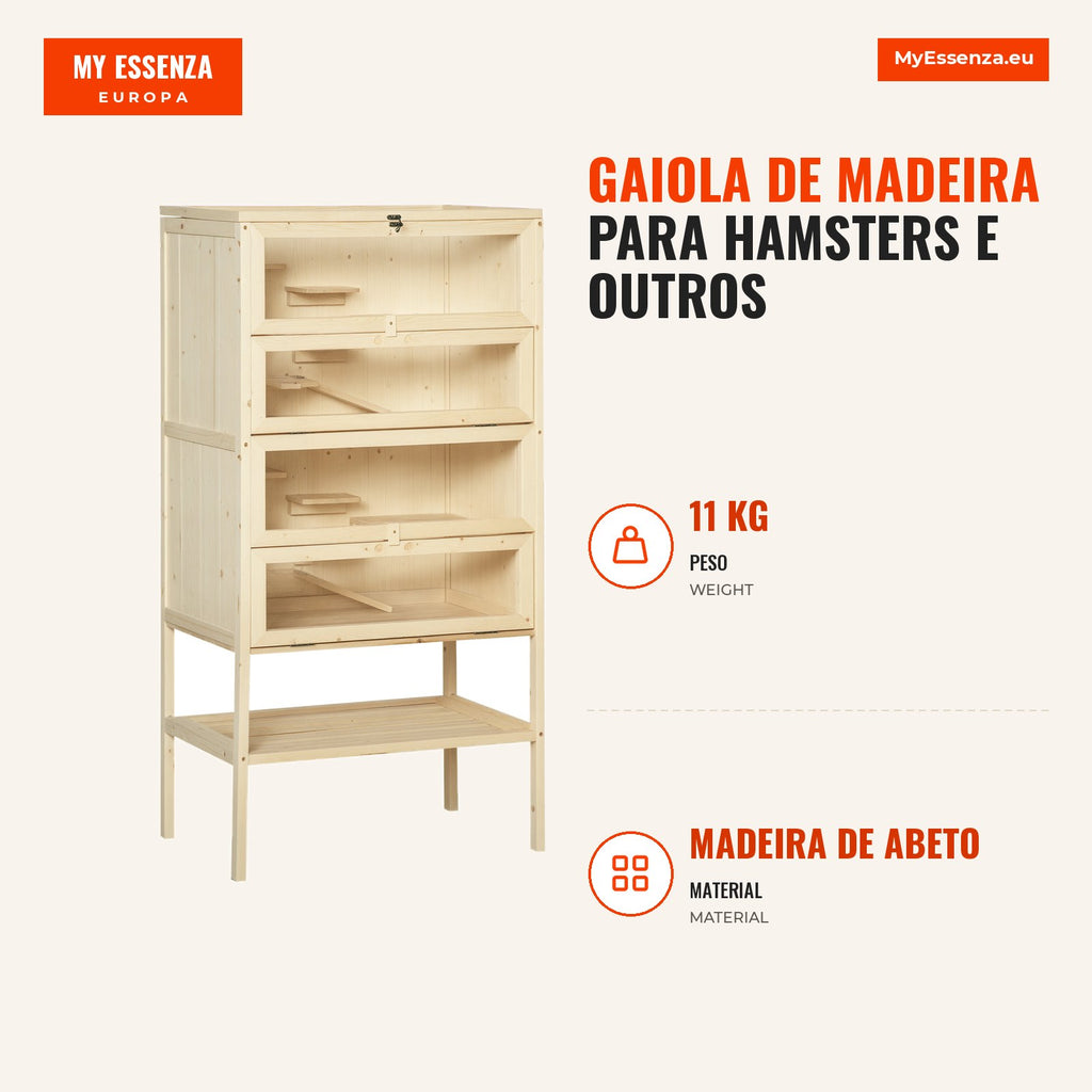 Wooden cage for hamsters and small rodents with multiple platforms 60x40x120cm — Infografia PT (medidas)