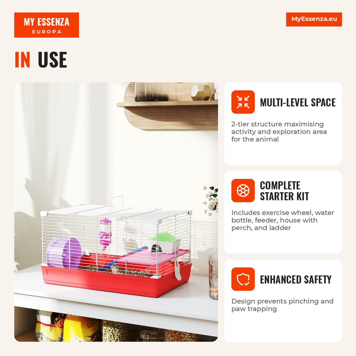 Hamster Cage, Small Rodent House with Exercise Wheel, Feeder, Water Bottle, House, Ramps, Platform, Removable Tray, for  — Infografia EN (em utilização)