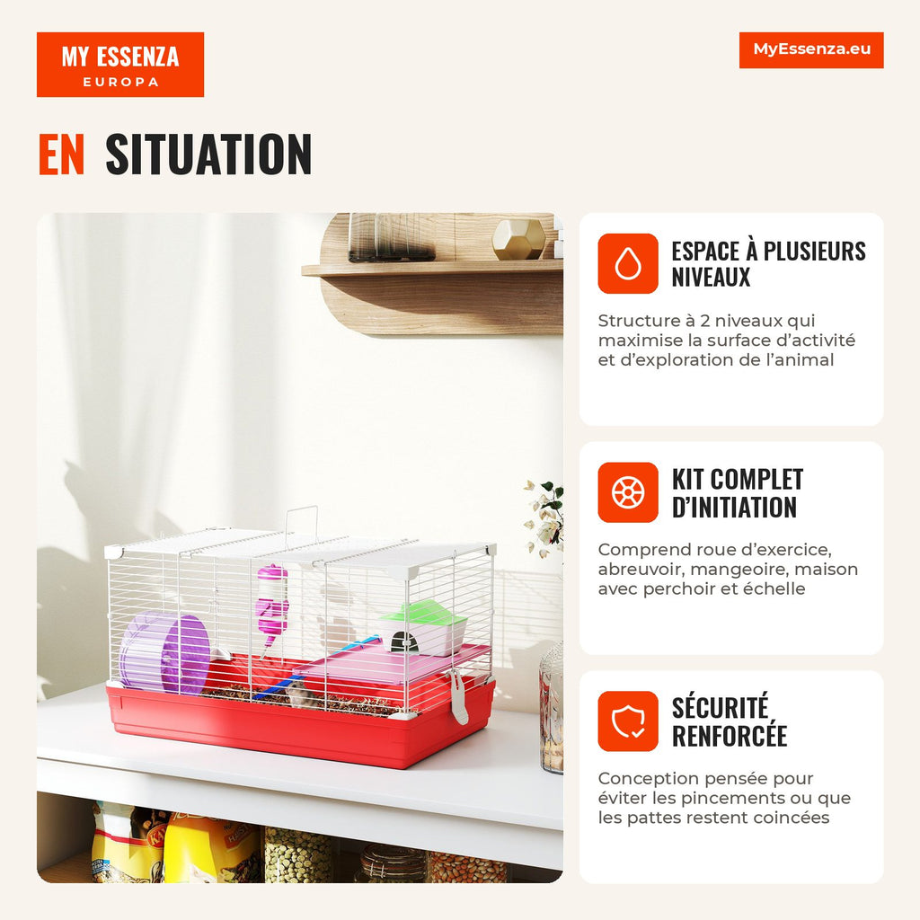 Hamster Cage, Small Rodent House with Exercise Wheel, Feeder, Water Bottle, House, Ramps, Platform, Removable Tray, for  — Infografia FR (em utilização)