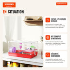 Hamster Cage, Small Rodent House with Exercise Wheel, Feeder, Water Bottle, House, Ramps, Platform, Removable Tray, for  — Infografia FR (em utilização)