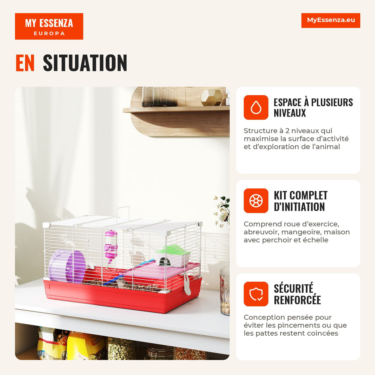 Hamster Cage, Small Rodent House with Exercise Wheel, Feeder, Water Bottle, House, Ramps, Platform, Removable Tray, for  — Infografia FR (em utilização)