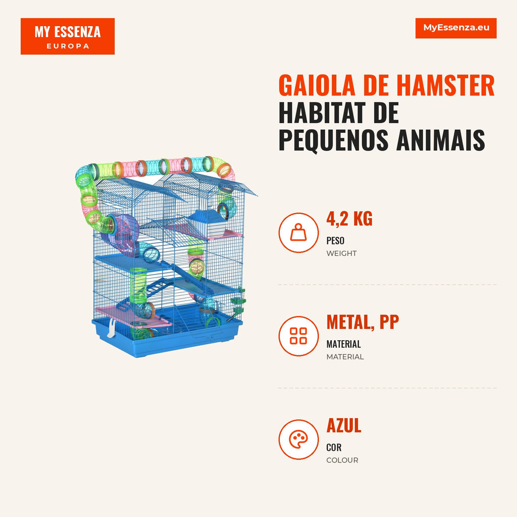 Hamster Cage Habitat for Small Animals with Multiple Platforms, Tube System 47x30x59 cm Blue — Infografia PT (medidas)