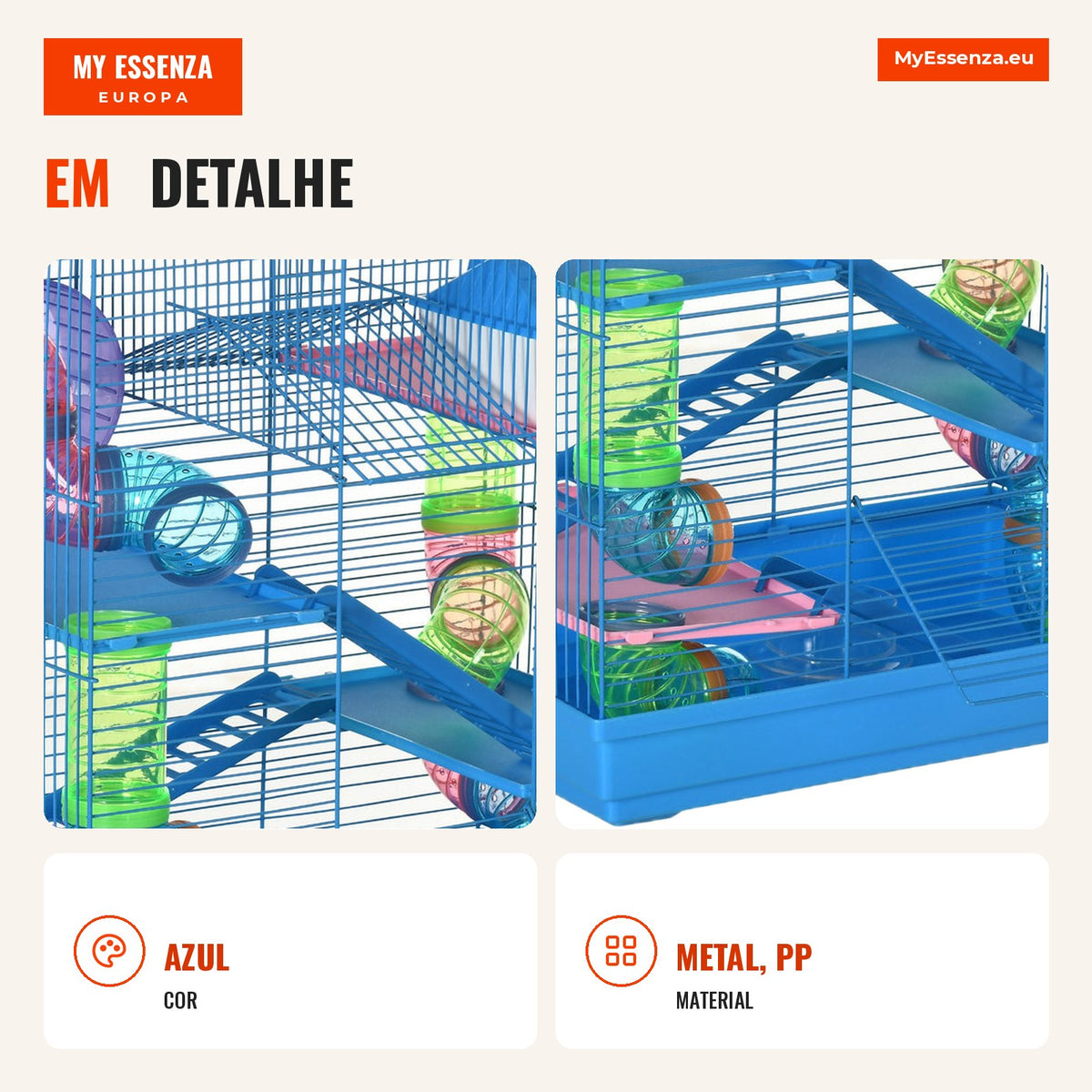 Hamster Cage Habitat for Small Animals with Multiple Platforms, Tube System 47x30x59 cm Blue — Infografia PT (detalhe)