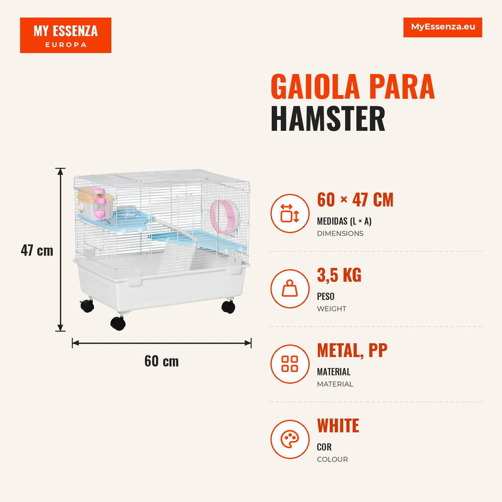 Hamster Cage Multi-Level Small Rodents Cage with House Feeder Waterer Exercise Wheel Handle and Wheels with Brake 60x35x — Infografia PT (medidas)