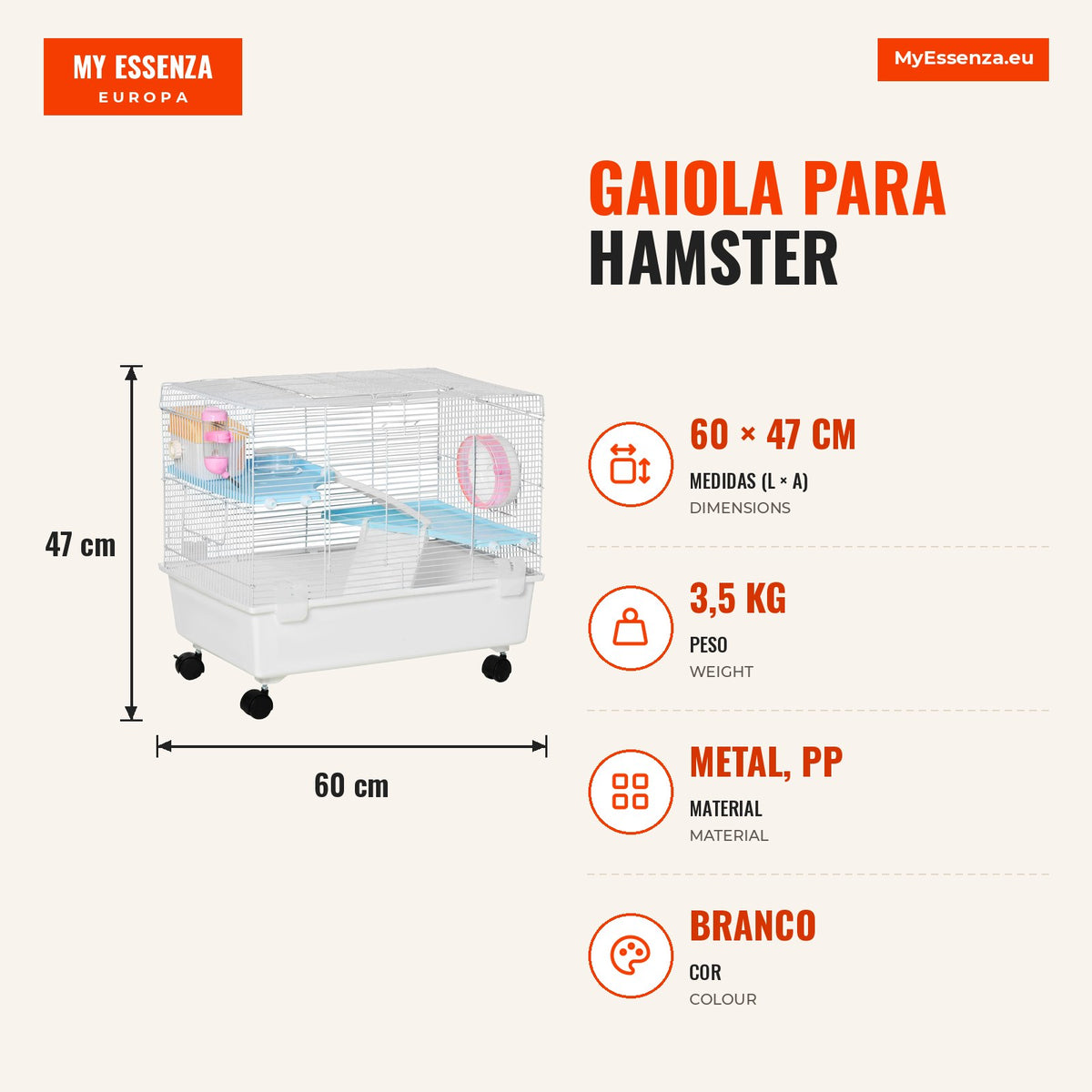 Hamster Cage Multi-Level Small Rodents Cage with House Feeder Waterer Exercise Wheel Handle and Wheels with Brake 60x35x — Infografia PT (medidas)