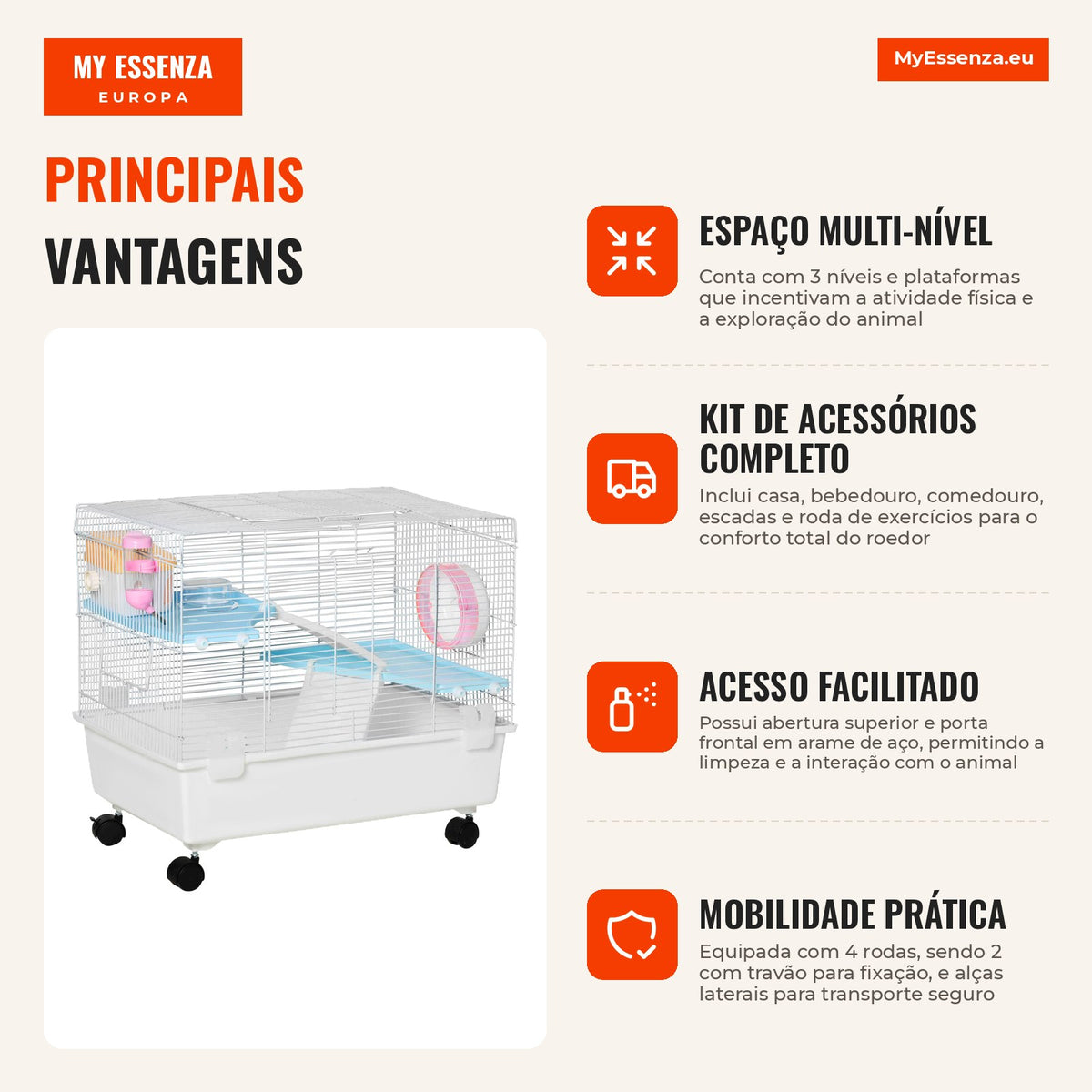 Hamster Cage Multi-Level Small Rodents Cage with House Feeder Waterer Exercise Wheel Handle and Wheels with Brake 60x35x — Infografia PT (vantagens)