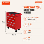 Workshop Tool Cart with Wheels and 5 Drawers, Lock and Side Handle 67.5x33x77 cm Red — Infografia EN (medidas)