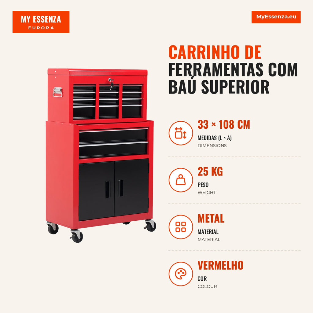 2-in-1 Tool Cart with Top Chest | HOMCOM — Infografia PT (medidas)