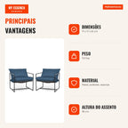 Conjunto de 2 Poltronas com Assento Tipo Cabresto e Almofadas Azul Marinho para Interior e Exterior — Infografia PT (vantagens)