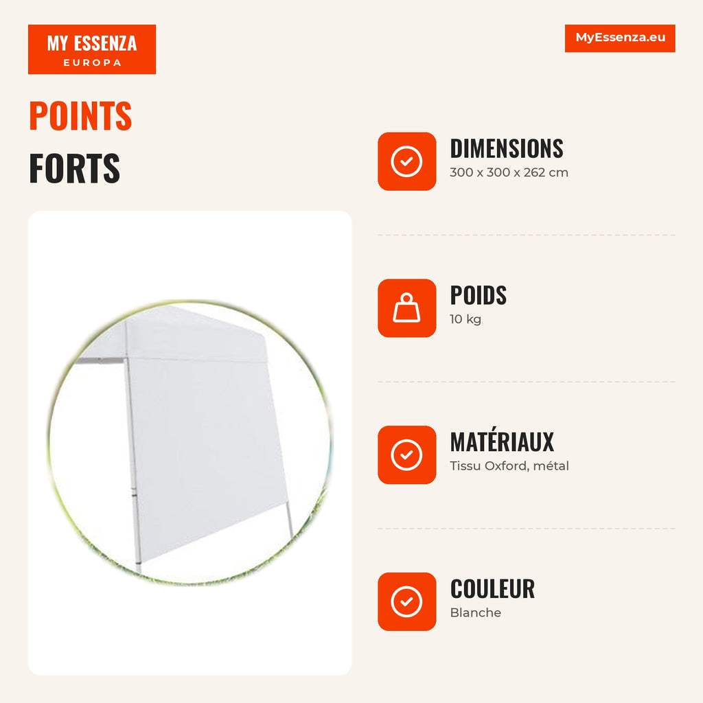 Toldo de Camping Dobrável com Paredes Laterais e Proteção Solar 300 x 300 cm Branco — Infografia FR (vantagens)