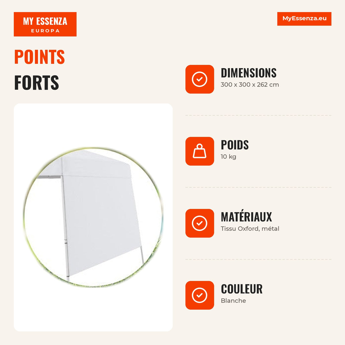 Toldo de Camping Dobrável com Paredes Laterais e Proteção Solar 300 x 300 cm Branco — Infografia FR (vantagens)
