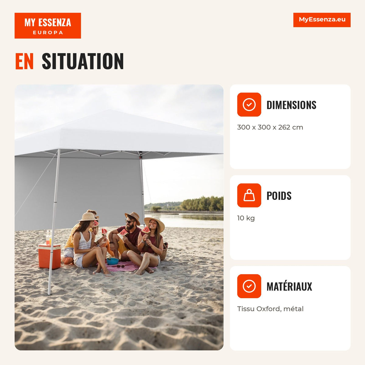 Toldo de Camping Dobrável com Paredes Laterais e Proteção Solar 300 x 300 cm Branco — Infografia FR (em utilização)