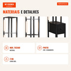 Floor Lamp with Shelves and Drawer – Adjustable 48.5cm Side Table — Infografia PT (materiais e detalhes)
