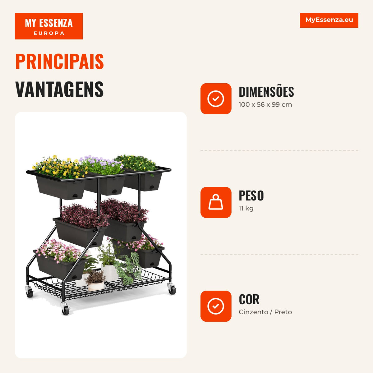 Jardineira Elevada com 7 Caixas e Rodas 100 x 56 x 99 cm Cinzento e Preto — Infografia PT (vantagens)