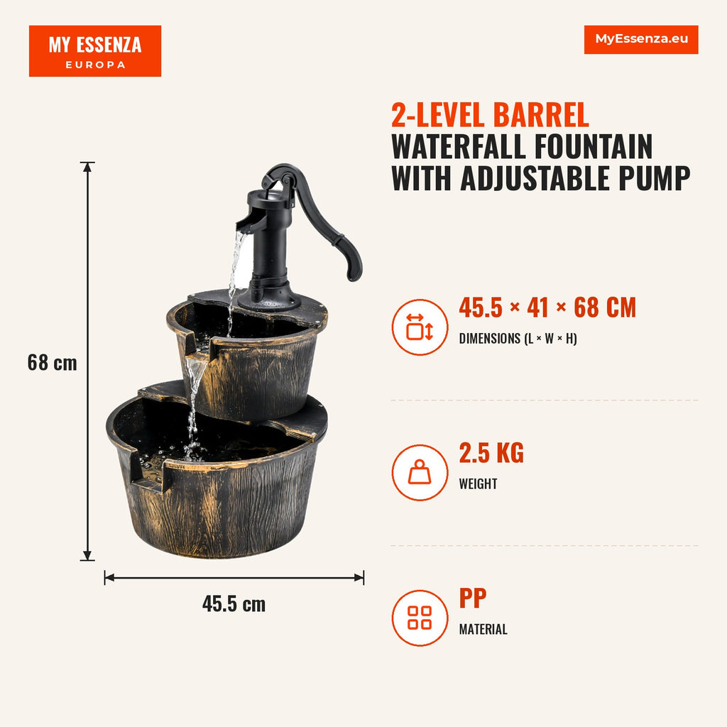 Fonte de Cascata em Barril 2 Níveis com Bomba Ajustável para Jardim 45,5x41x68cm Bronze — Infografia EN (medidas)