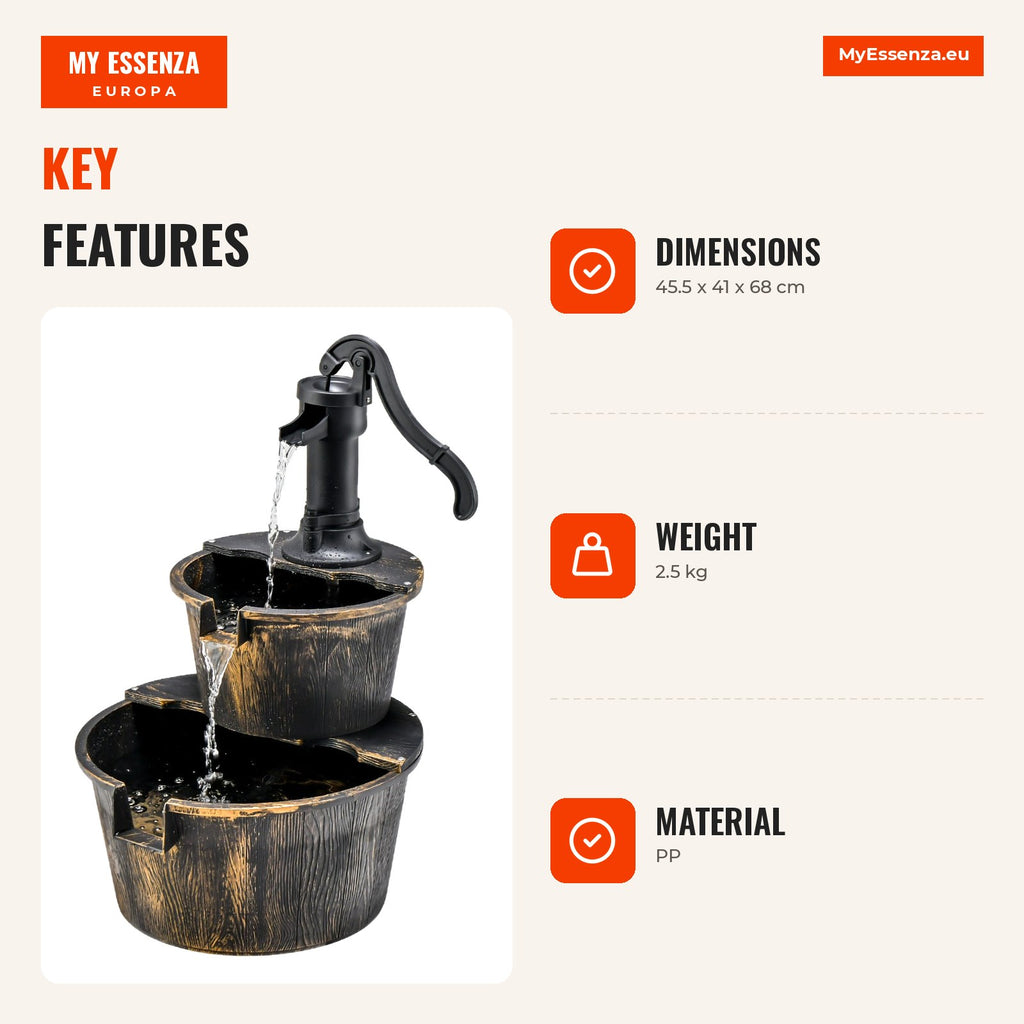 Fonte de Cascata em Barril 2 Níveis com Bomba Ajustável para Jardim 45,5x41x68cm Bronze — Infografia EN (vantagens)