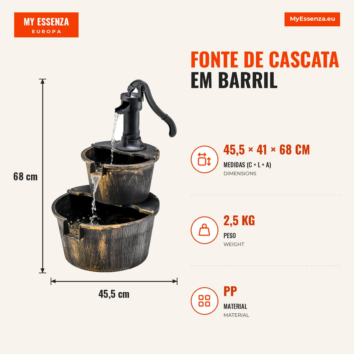 Fonte de Cascata em Barril 2 Níveis com Bomba Ajustável para Jardim 45,5x41x68cm Bronze — Infografia PT (medidas)