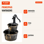 Fonte de Cascata em Barril 2 Níveis com Bomba Ajustável para Jardim 45,5x41x68cm Bronze — Infografia PT (vantagens)