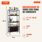 Organizador de Vinhos com Tomada Incorporada, 3 Estantes e 8 Ganchos 75x33x165cm — Infografia ES (medidas)