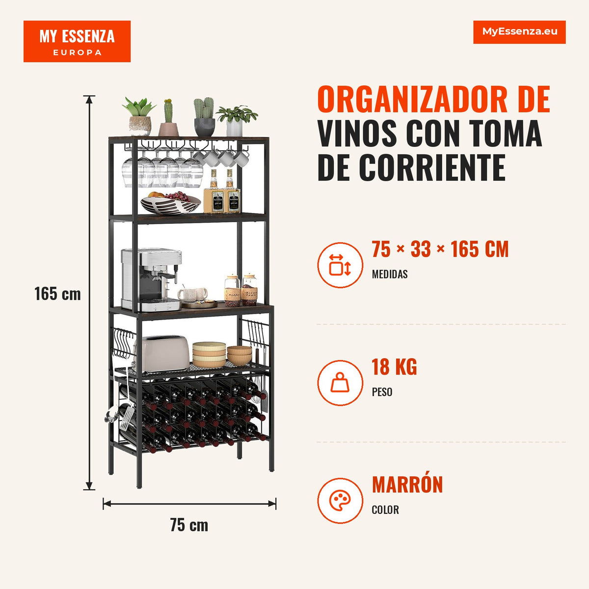 Organizador de Vinhos com Tomada Incorporada, 3 Estantes e 8 Ganchos 75x33x165cm — Infografia ES (medidas)