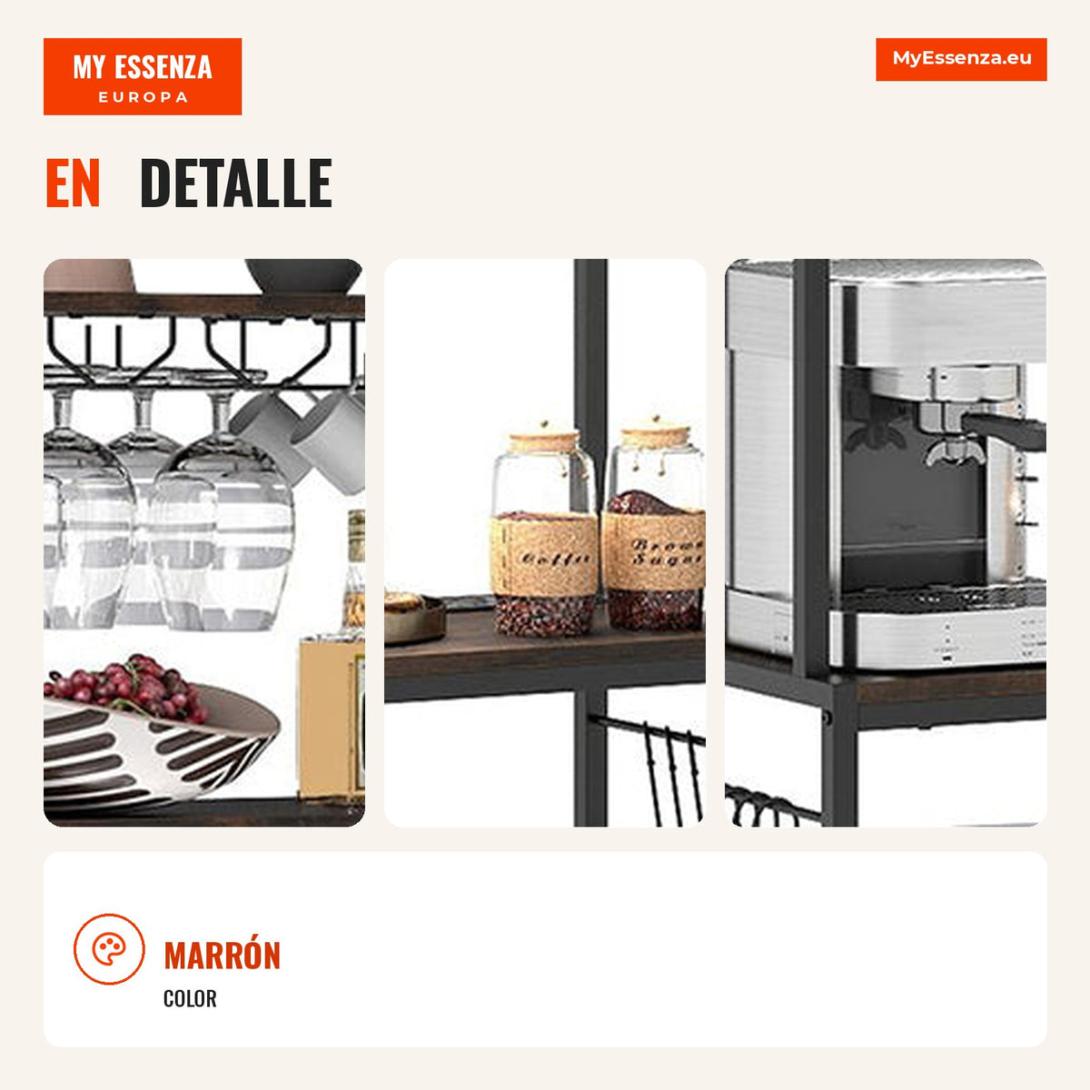 Organizador de Vinhos com Tomada Incorporada, 3 Estantes e 8 Ganchos 75x33x165cm — Infografia ES (detalhe)