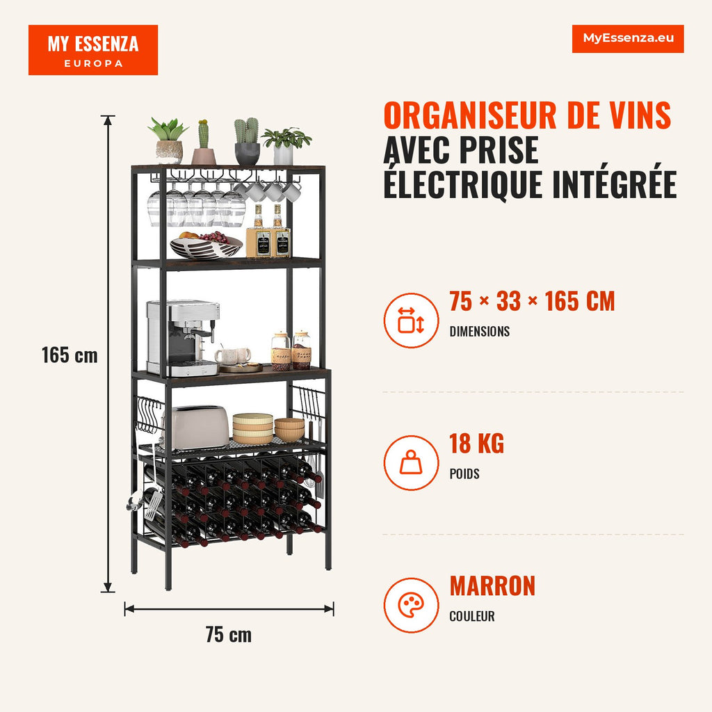 Organizador de Vinhos com Tomada Incorporada, 3 Estantes e 8 Ganchos 75x33x165cm — Infografia FR (medidas)