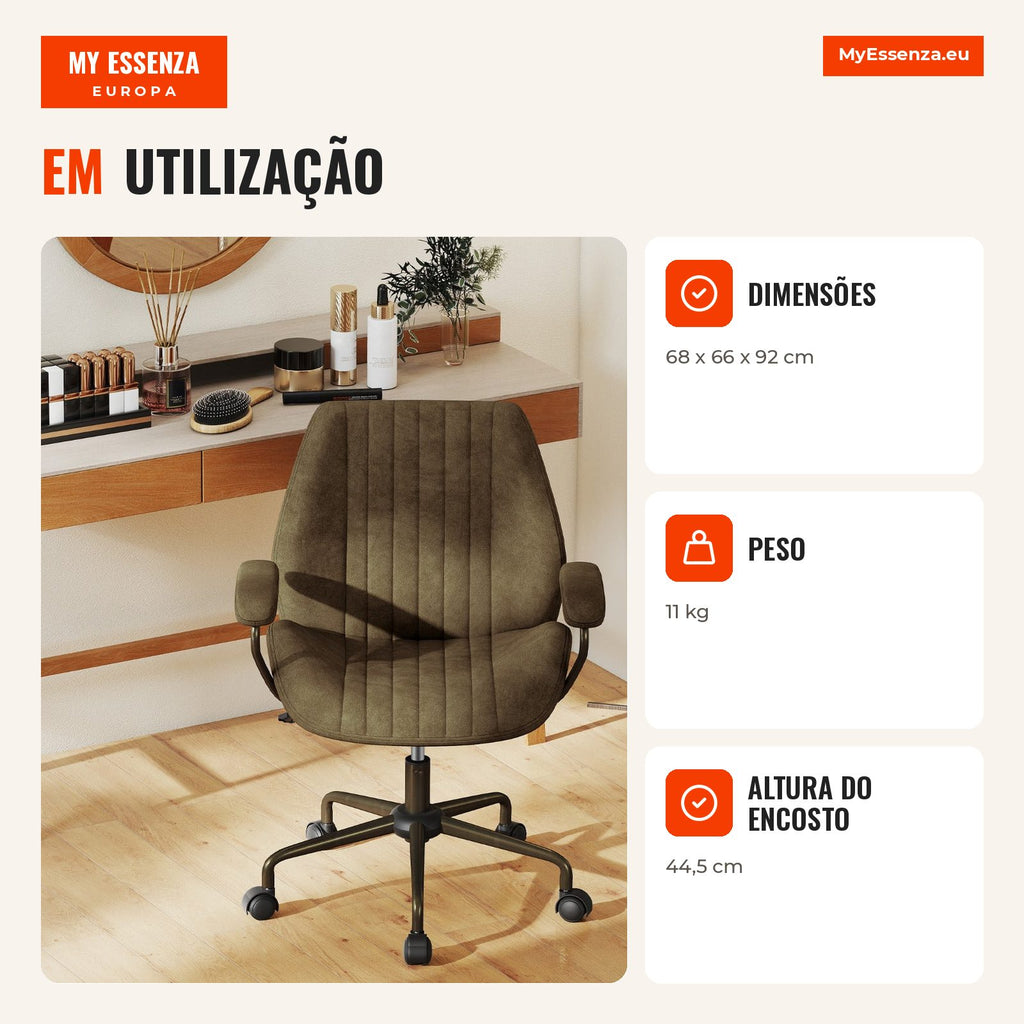 Cadeira de Escritório Regulável com Apoios Acolchoados Base 5 Rodas Capacidade 150kg 68x66x85-92cm Verde Oliva — Infografia PT (em utilização)