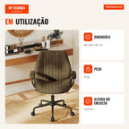 Cadeira de Escritório Regulável com Apoios Acolchoados Base 5 Rodas Capacidade 150kg 68x66x85-92cm Verde Oliva — Infografia PT (em utilização)
