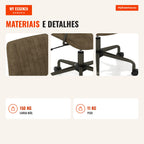Cadeira de Escritório Regulável com Apoios Acolchoados Base 5 Rodas Capacidade 150kg 68x66x85-92cm Verde Oliva — Infografia PT (materiais e detalhes)