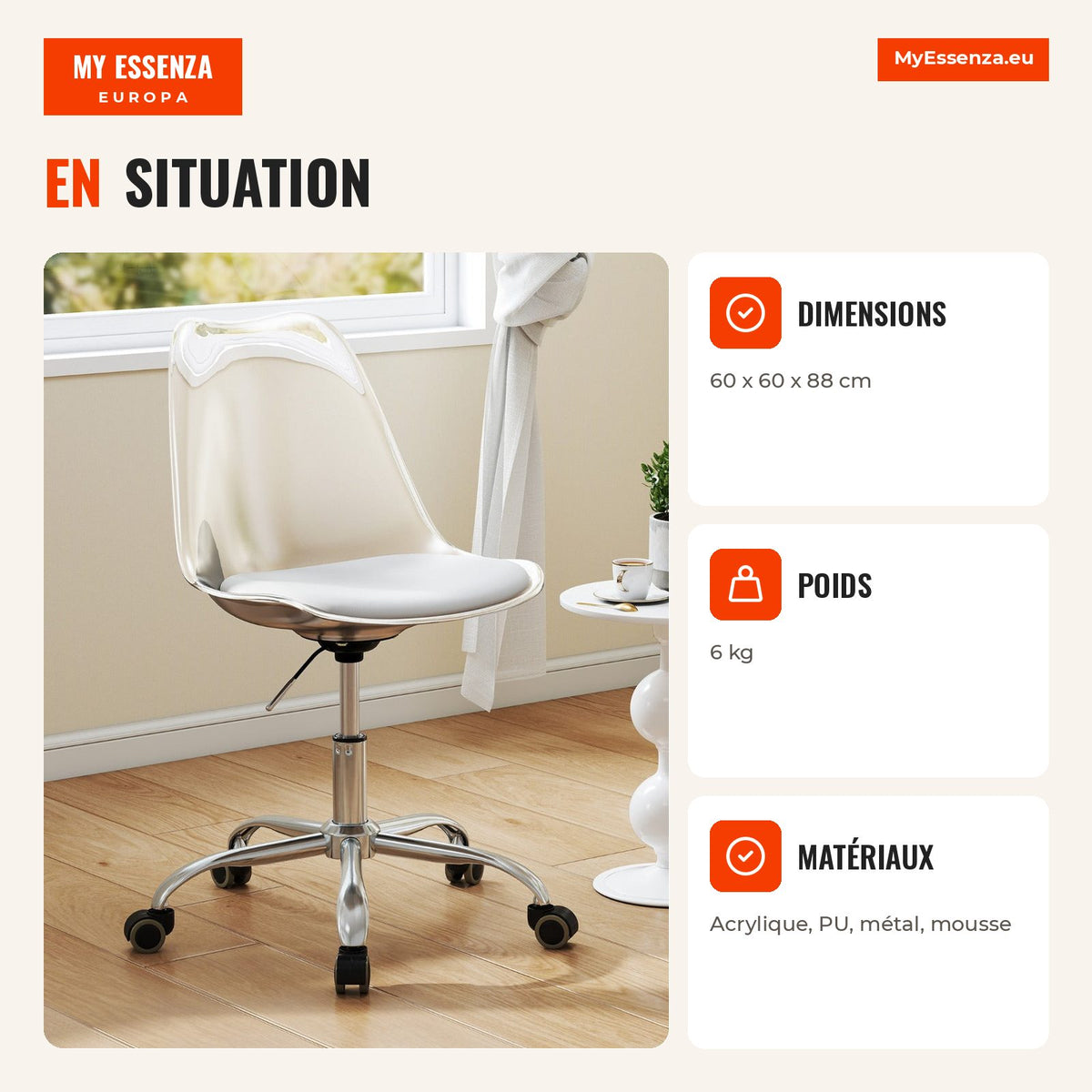 Chaise de Bureau Transparente avec Roulettes, Assise Pivotante et Hauteur Réglable pour Chambre ou Bureau — Infografia FR (em utilização)