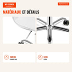 Chaise de Bureau Transparente avec Roulettes, Assise Pivotante et Hauteur Réglable pour Chambre ou Bureau — Infografia FR (materiais e detalhes)