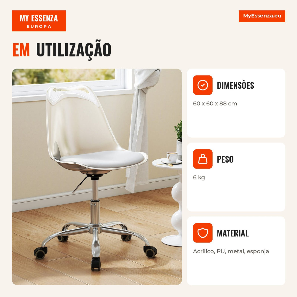 Chaise de Bureau Transparente avec Roulettes, Assise Pivotante et Hauteur Réglable pour Chambre ou Bureau — Infografia PT (em utilização)