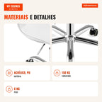 Chaise de Bureau Transparente avec Roulettes, Assise Pivotante et Hauteur Réglable pour Chambre ou Bureau — Infografia PT (materiais e detalhes)