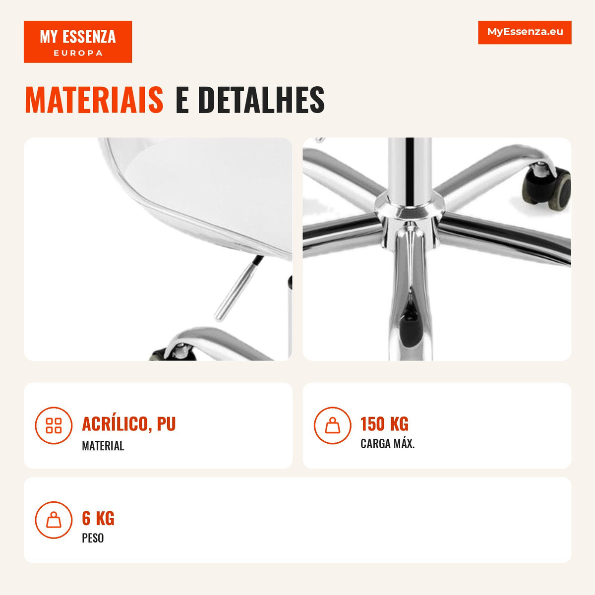 Chaise de Bureau Transparente avec Roulettes, Assise Pivotante et Hauteur Réglable pour Chambre ou Bureau — Infografia PT (materiais e detalhes)