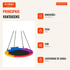 Columpio de Disco para Árvore 100 cm com Almofada e Pegas Regulável 100-160 cm — Infografia PT (vantagens)