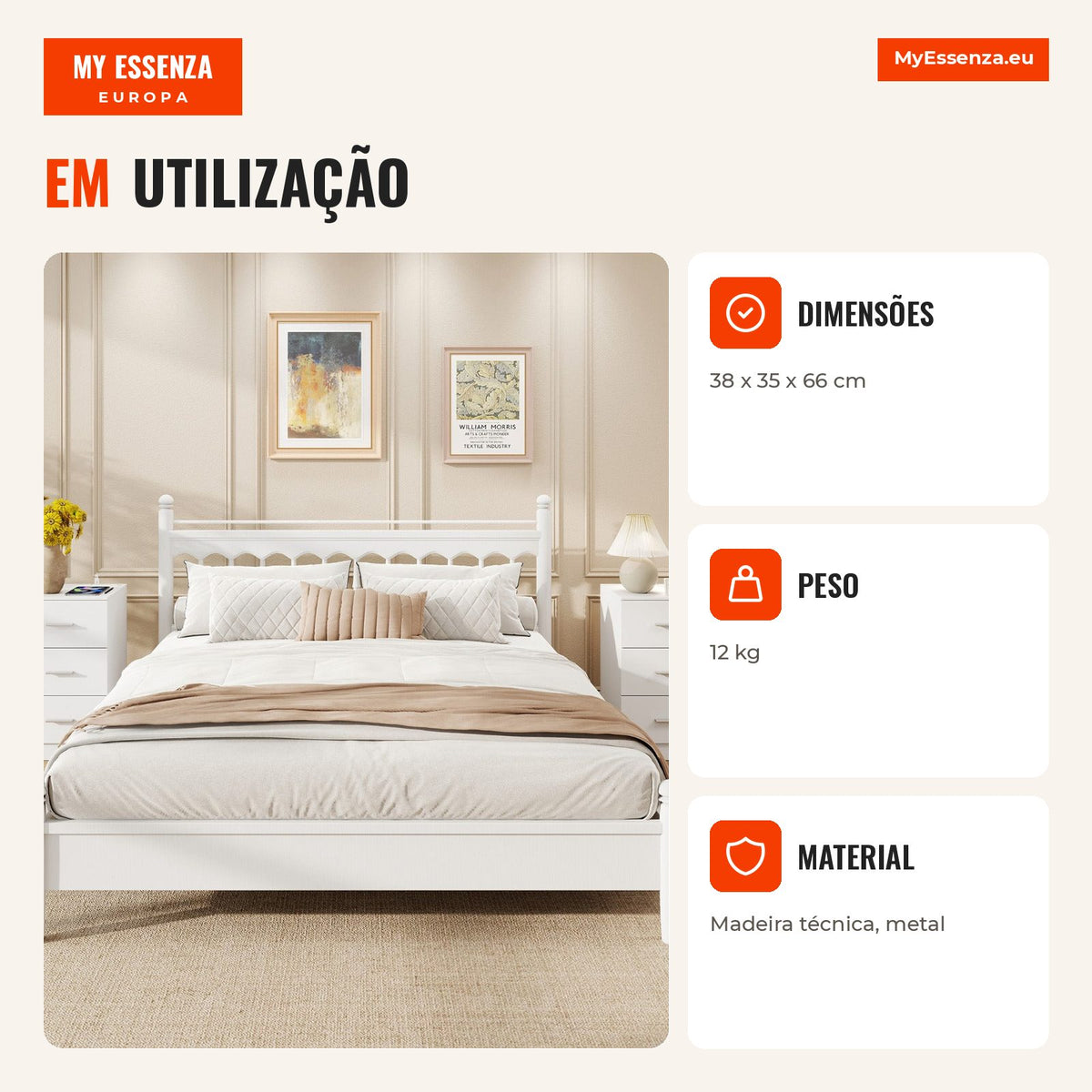 Par de Mesitas de Cabeceira com Estação de Carregamento 3 Gavetas USB Branco — Infografia PT (em utilização)