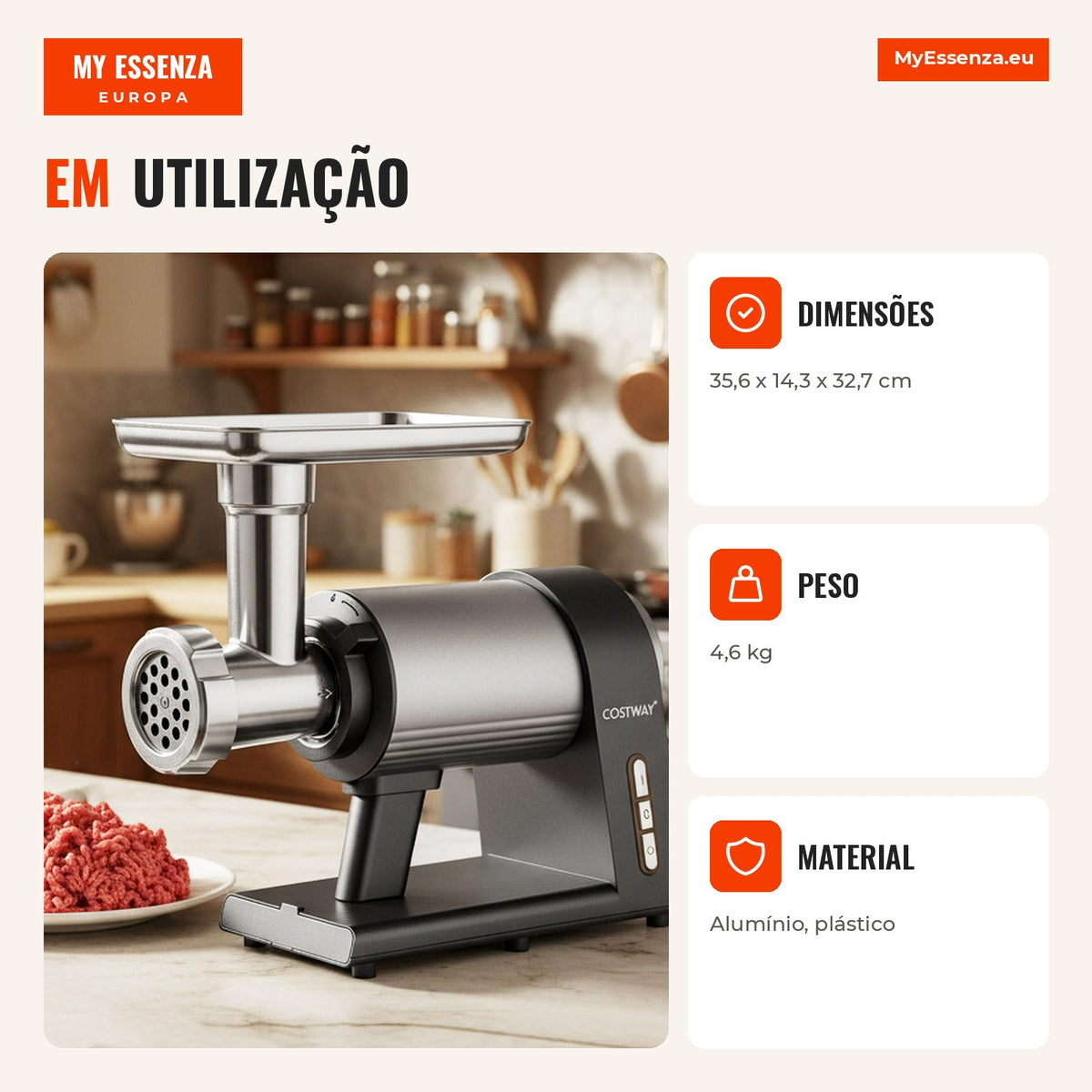 2000W Electric Meat Grinder with Complete Kit and Accessories in Black and Silver — Infografia PT (em utilização)